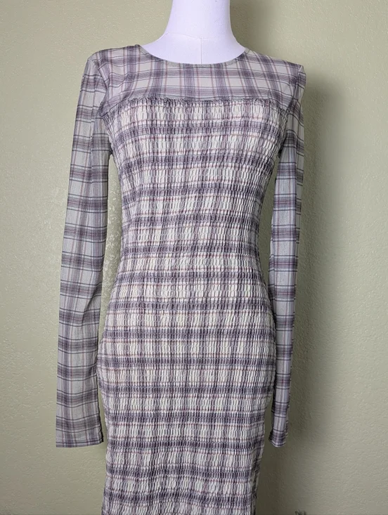 NEW Plaid Long-Sleeve Square-Neck Mini Dress in Lavender - Picture 2 of 2